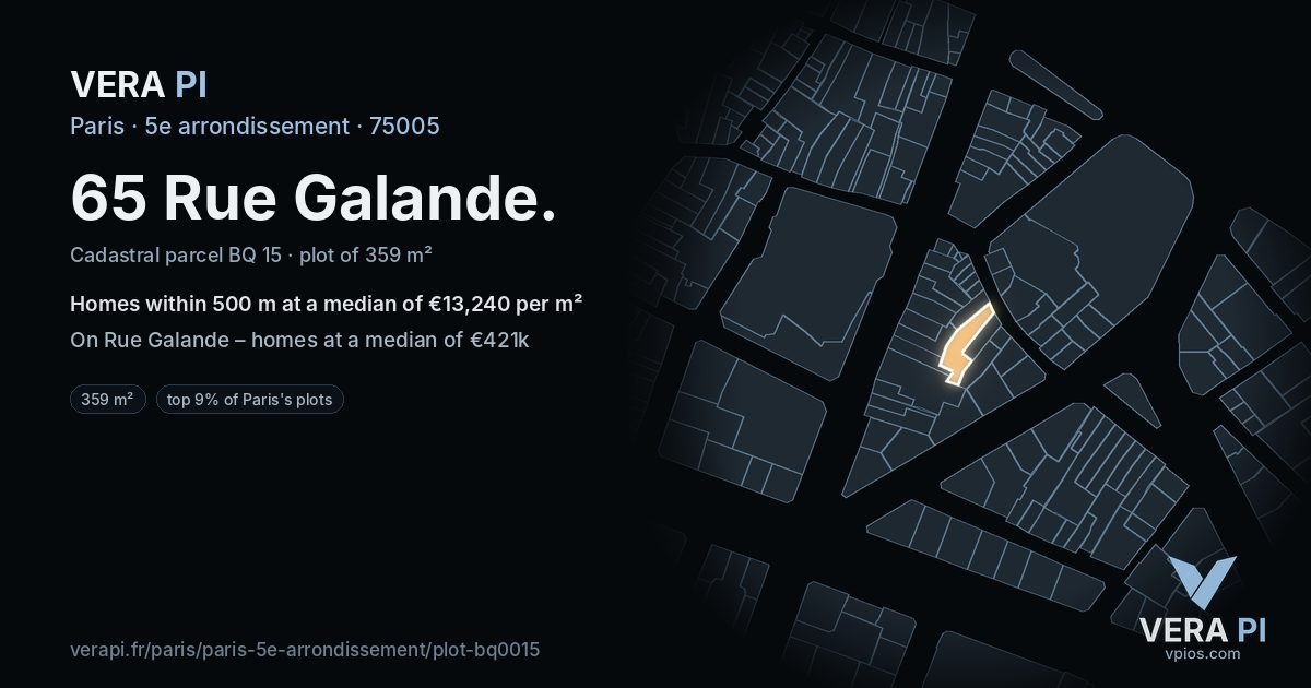 65 Rue Galande, 5e arrondissement at night – the plot lit, the parcels around coloured by the prices near them