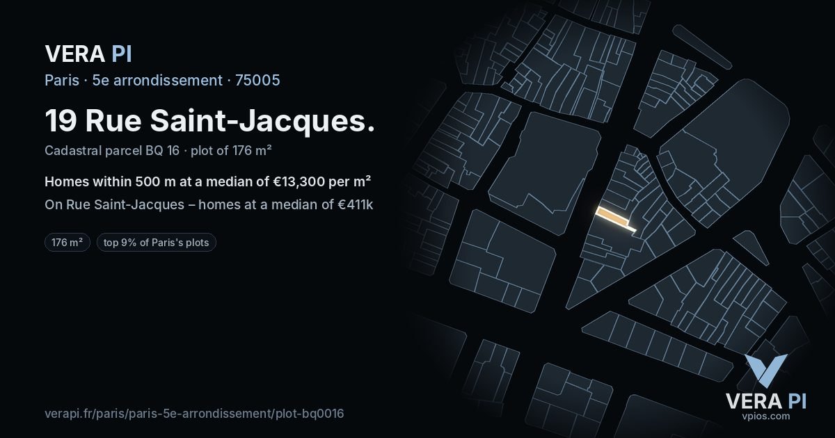 19 Rue Saint-Jacques, 5e arrondissement at night – the plot lit, the parcels around coloured by the prices near them