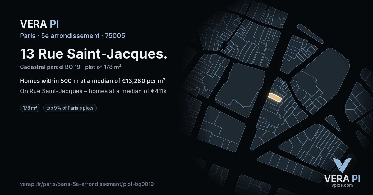 13 Rue Saint-Jacques, 5e arrondissement at night – the plot lit, the parcels around coloured by the prices near them