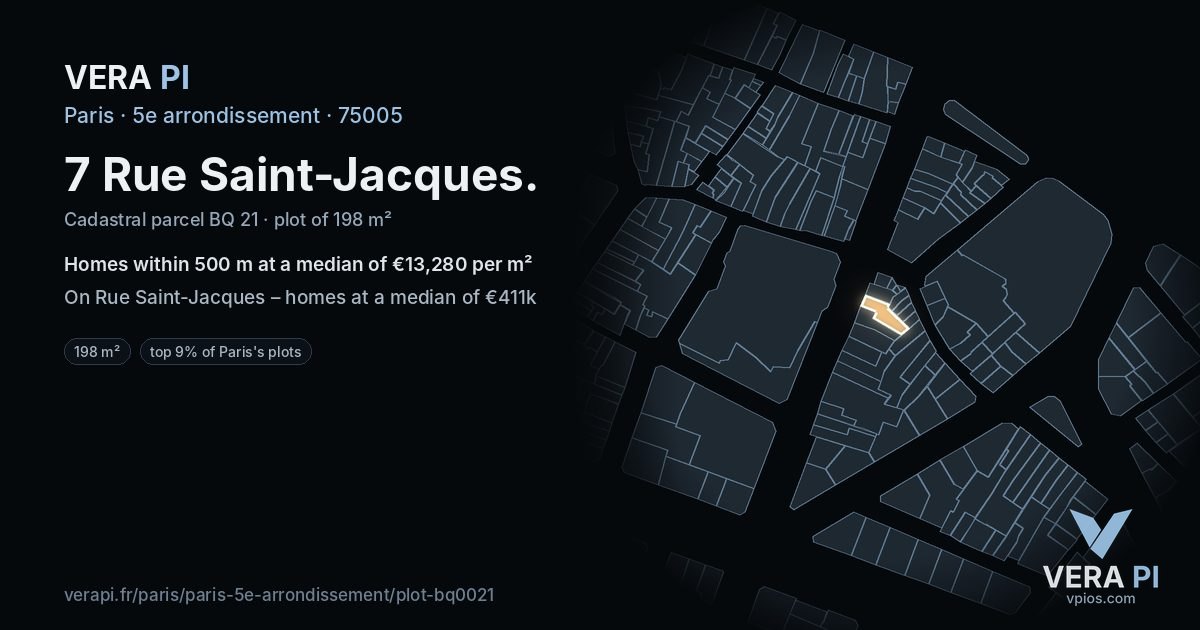 7 Rue Saint-Jacques, 5e arrondissement at night – the plot lit, the parcels around coloured by the prices near them