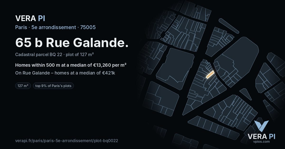 65 b Rue Galande, 5e arrondissement at night – the plot lit, the parcels around coloured by the prices near them