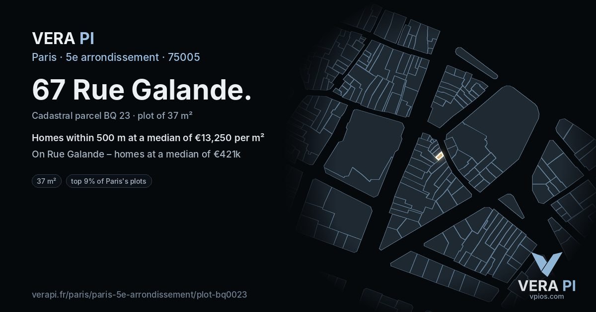 67 Rue Galande, 5e arrondissement at night – the plot lit, the parcels around coloured by the prices near them