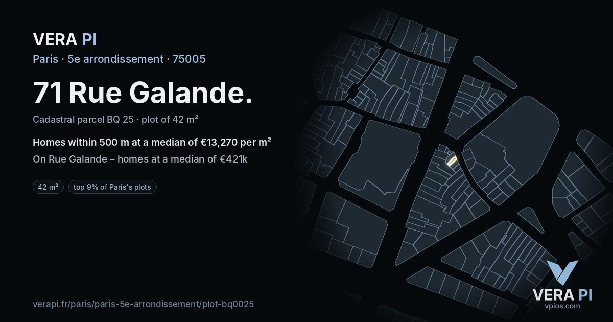 71 Rue Galande, 5e arrondissement at night – the plot lit, the parcels around coloured by the prices near them