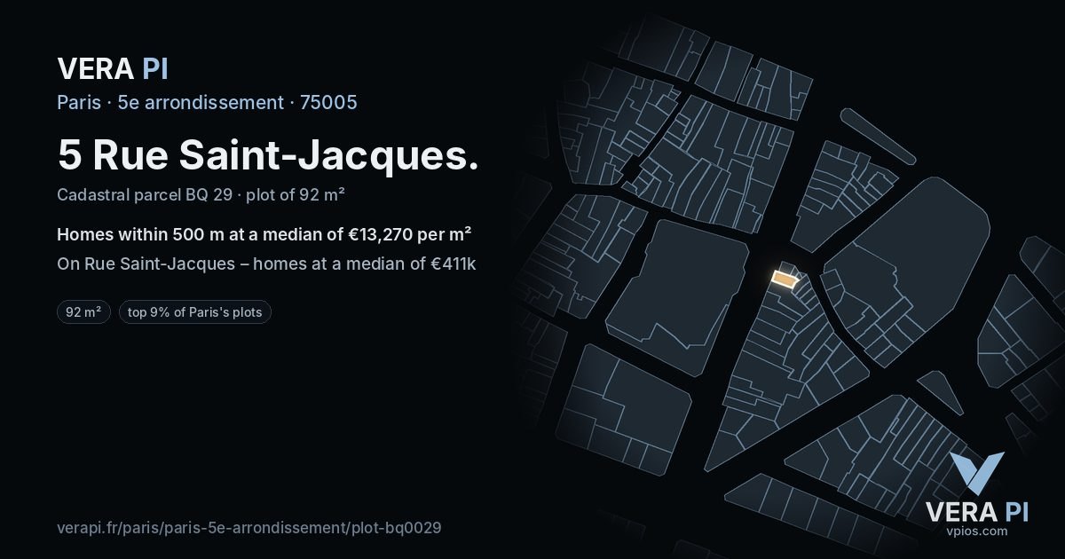 5 Rue Saint-Jacques, 5e arrondissement at night – the plot lit, the parcels around coloured by the prices near them