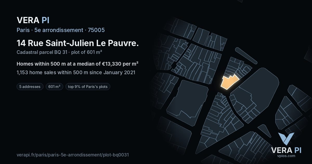 14 Rue Saint-Julien Le Pauvre, 5e arrondissement at night – the plot lit, the parcels around coloured by the prices near them