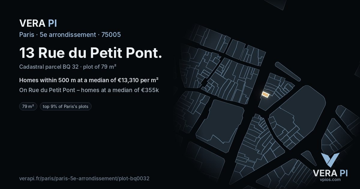 13 Rue du Petit Pont, 5e arrondissement at night – the plot lit, the parcels around coloured by the prices near them