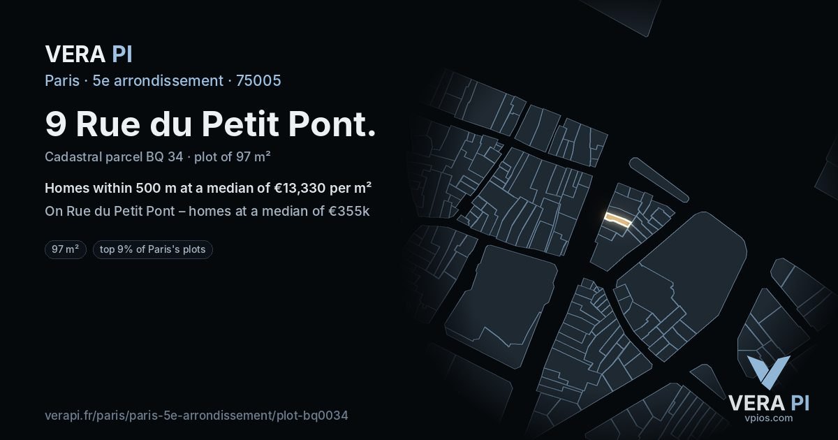 9 Rue du Petit Pont, 5e arrondissement at night – the plot lit, the parcels around coloured by the prices near them