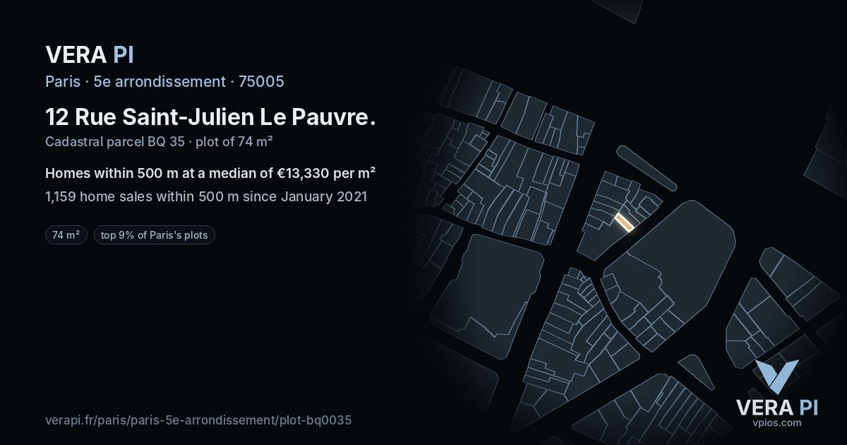12 Rue Saint-Julien Le Pauvre, 5e arrondissement at night – the plot lit, the parcels around coloured by the prices near them