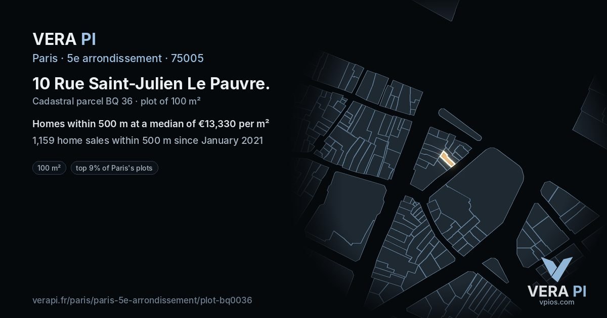 10 Rue Saint-Julien Le Pauvre, 5e arrondissement at night – the plot lit, the parcels around coloured by the prices near them
