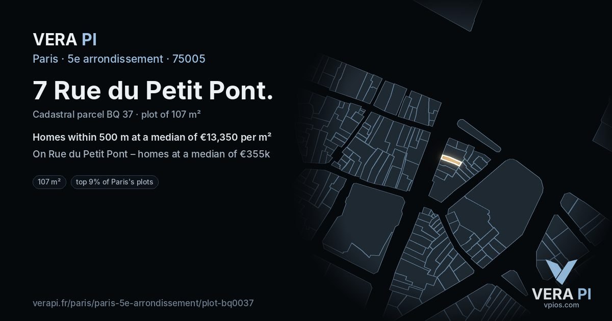 7 Rue du Petit Pont, 5e arrondissement at night – the plot lit, the parcels around coloured by the prices near them