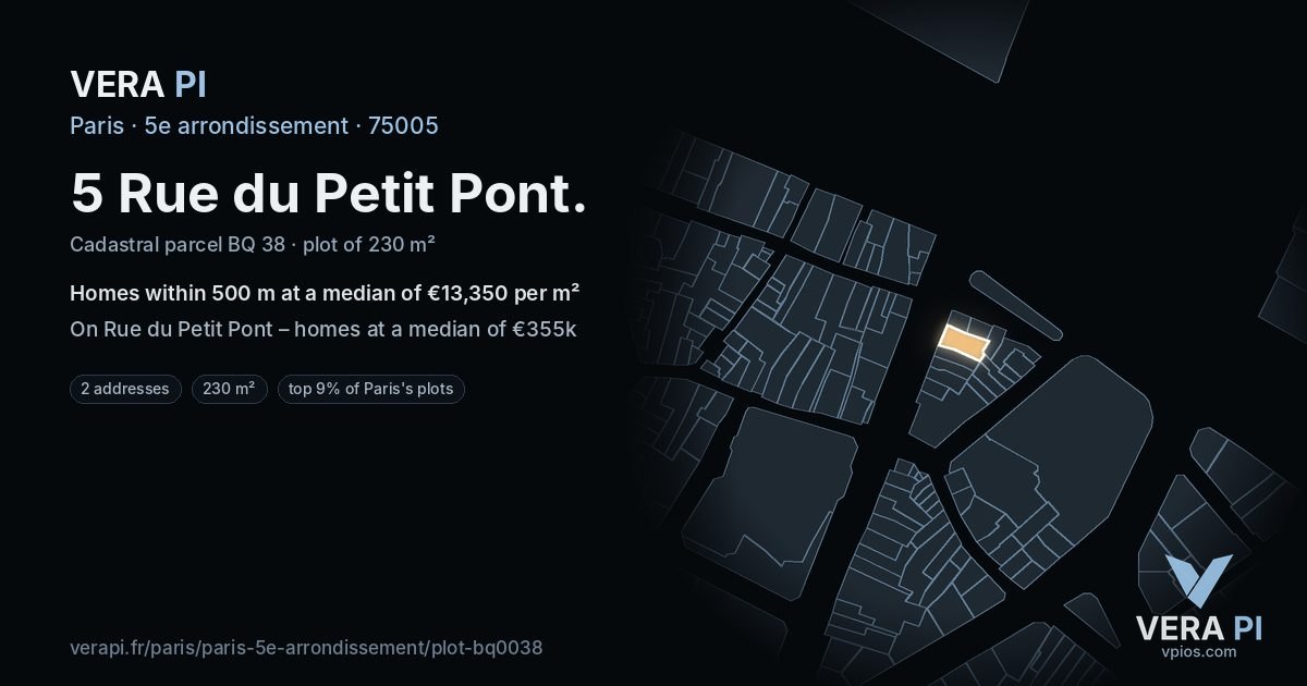 5 Rue du Petit Pont, 5e arrondissement at night – the plot lit, the parcels around coloured by the prices near them
