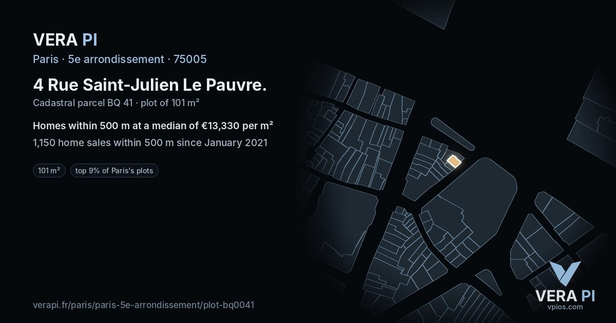 4 Rue Saint-Julien Le Pauvre, 5e arrondissement at night – the plot lit, the parcels around coloured by the prices near them