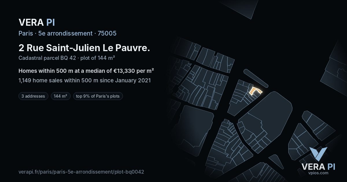 2 Rue Saint-Julien Le Pauvre, 5e arrondissement at night – the plot lit, the parcels around coloured by the prices near them