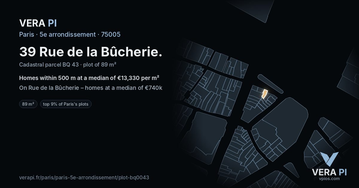 39 Rue de la Bûcherie, 5e arrondissement at night – the plot lit, the parcels around coloured by the prices near them