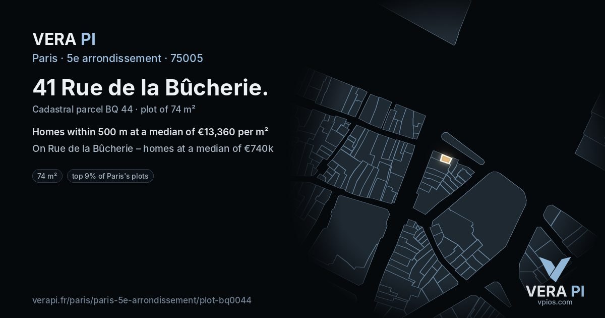 41 Rue de la Bûcherie, 5e arrondissement at night – the plot lit, the parcels around coloured by the prices near them