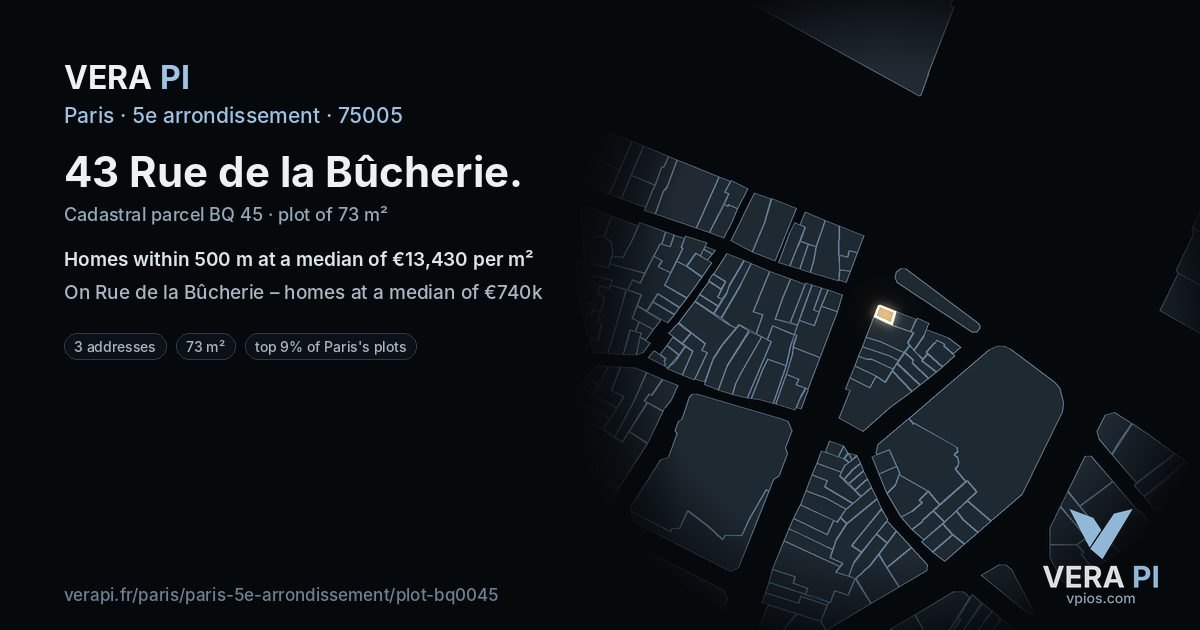 43 Rue de la Bûcherie, 5e arrondissement at night – the plot lit, the parcels around coloured by the prices near them