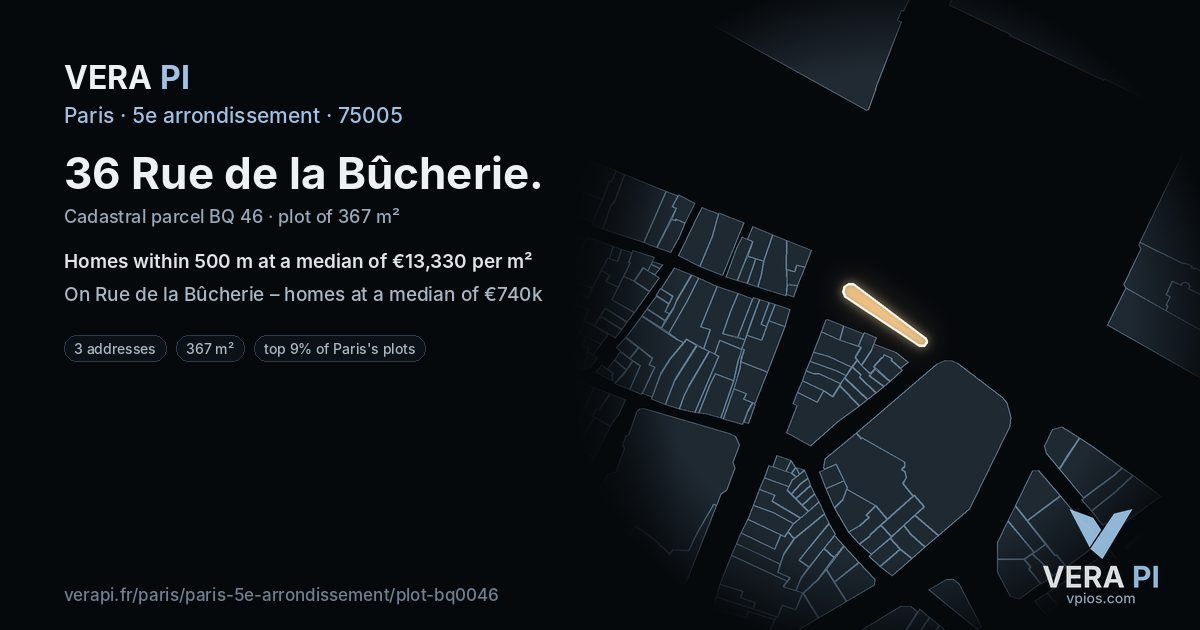 36 Rue de la Bûcherie, 5e arrondissement at night – the plot lit, the parcels around coloured by the prices near them