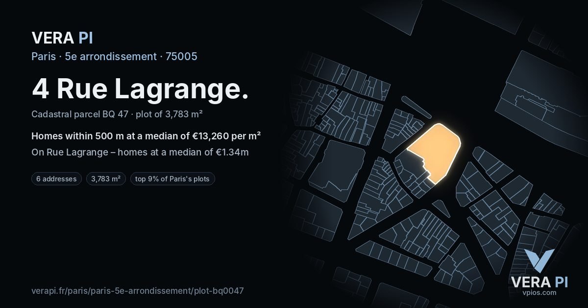 4 Rue Lagrange, 5e arrondissement at night – the plot lit, the parcels around coloured by the prices near them