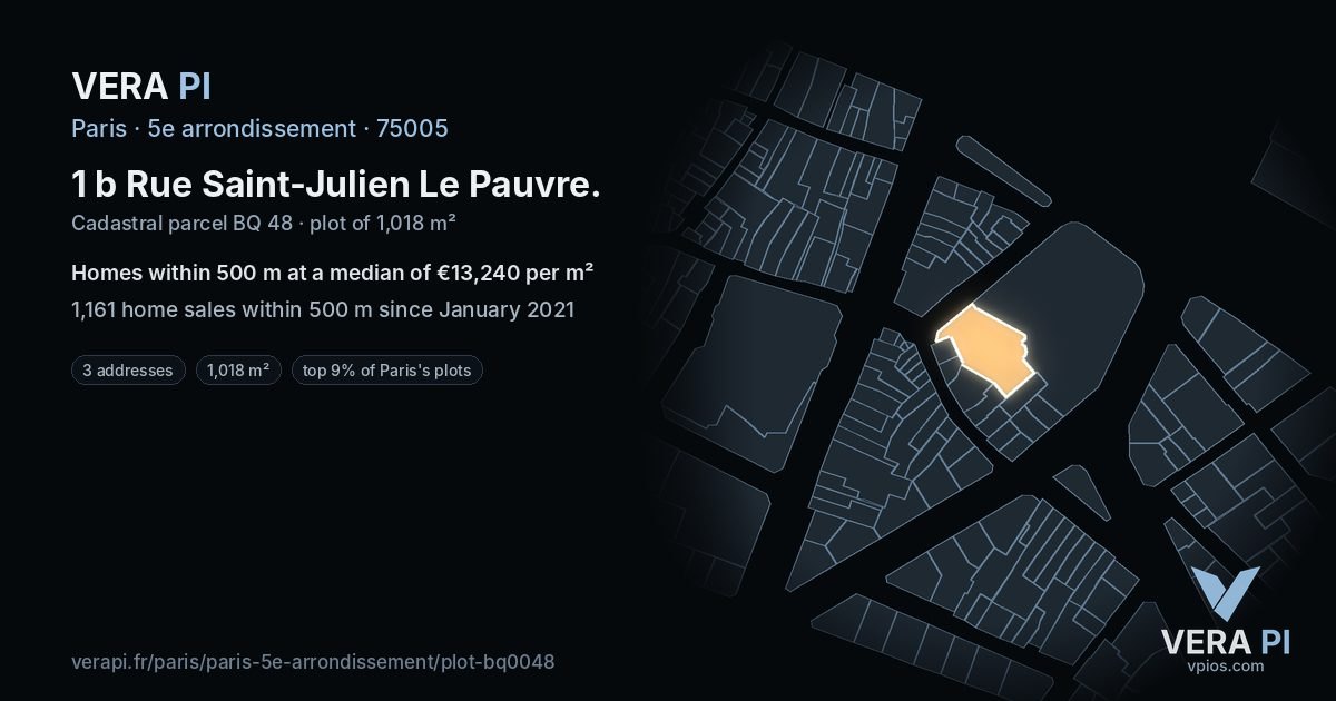 1 b Rue Saint-Julien Le Pauvre, 5e arrondissement at night – the plot lit, the parcels around coloured by the prices near them