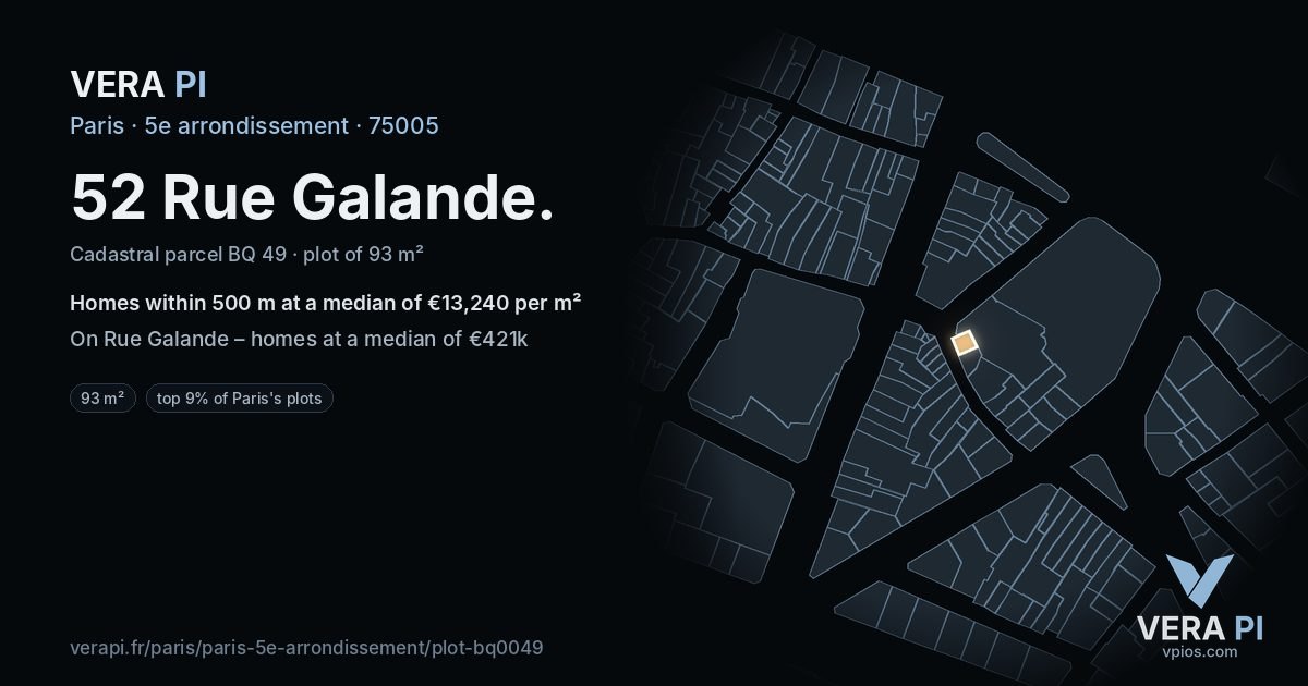 52 Rue Galande, 5e arrondissement at night – the plot lit, the parcels around coloured by the prices near them