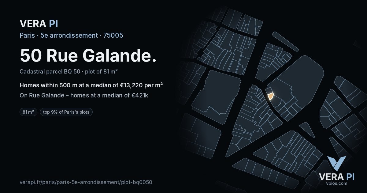 50 Rue Galande, 5e arrondissement at night – the plot lit, the parcels around coloured by the prices near them