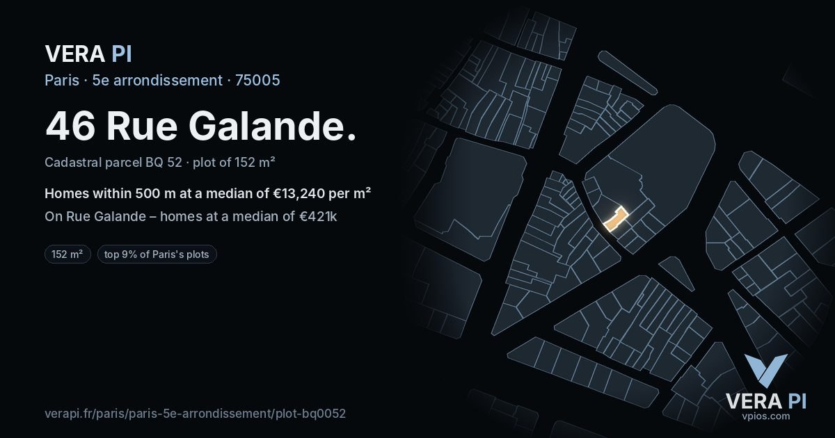 46 Rue Galande, 5e arrondissement at night – the plot lit, the parcels around coloured by the prices near them