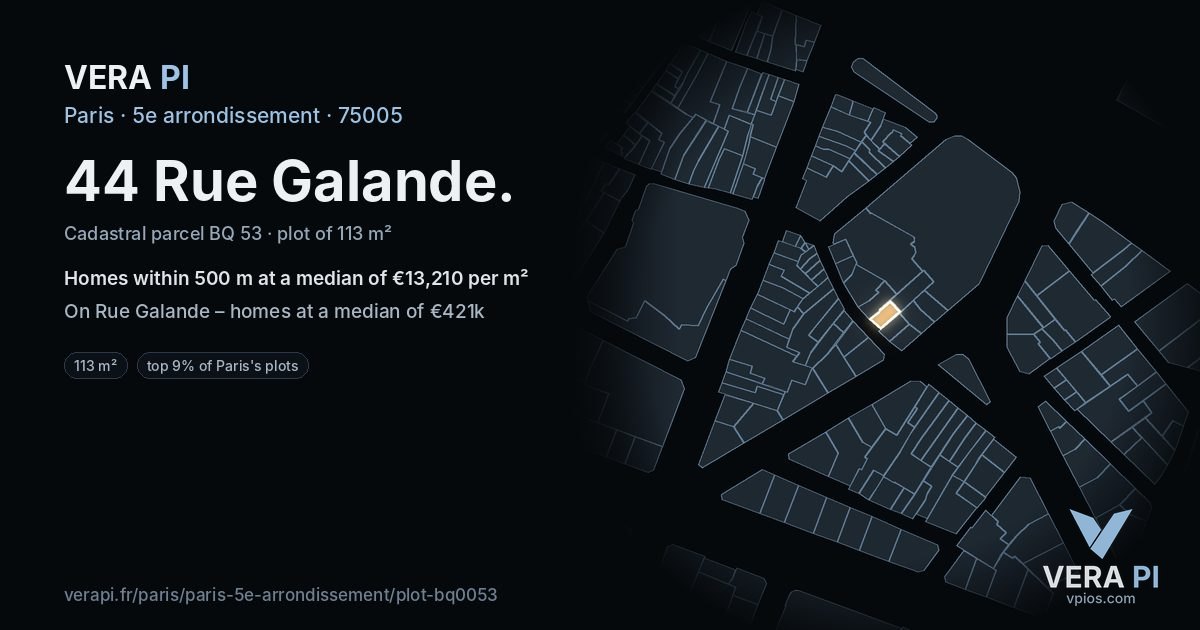 44 Rue Galande, 5e arrondissement at night – the plot lit, the parcels around coloured by the prices near them