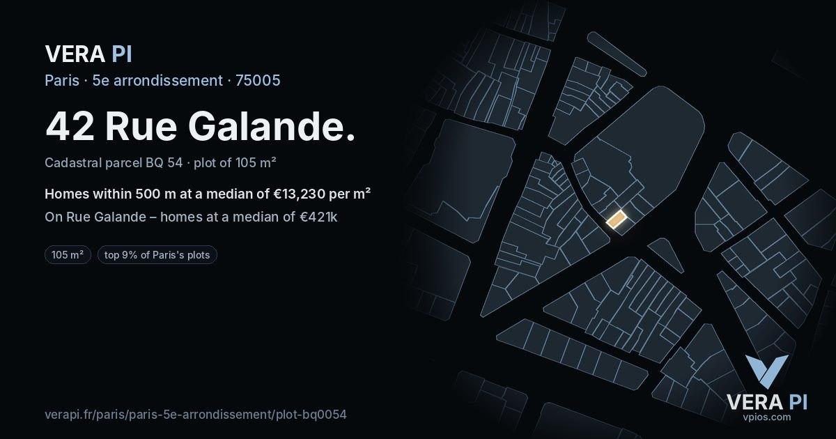 42 Rue Galande, 5e arrondissement at night – the plot lit, the parcels around coloured by the prices near them