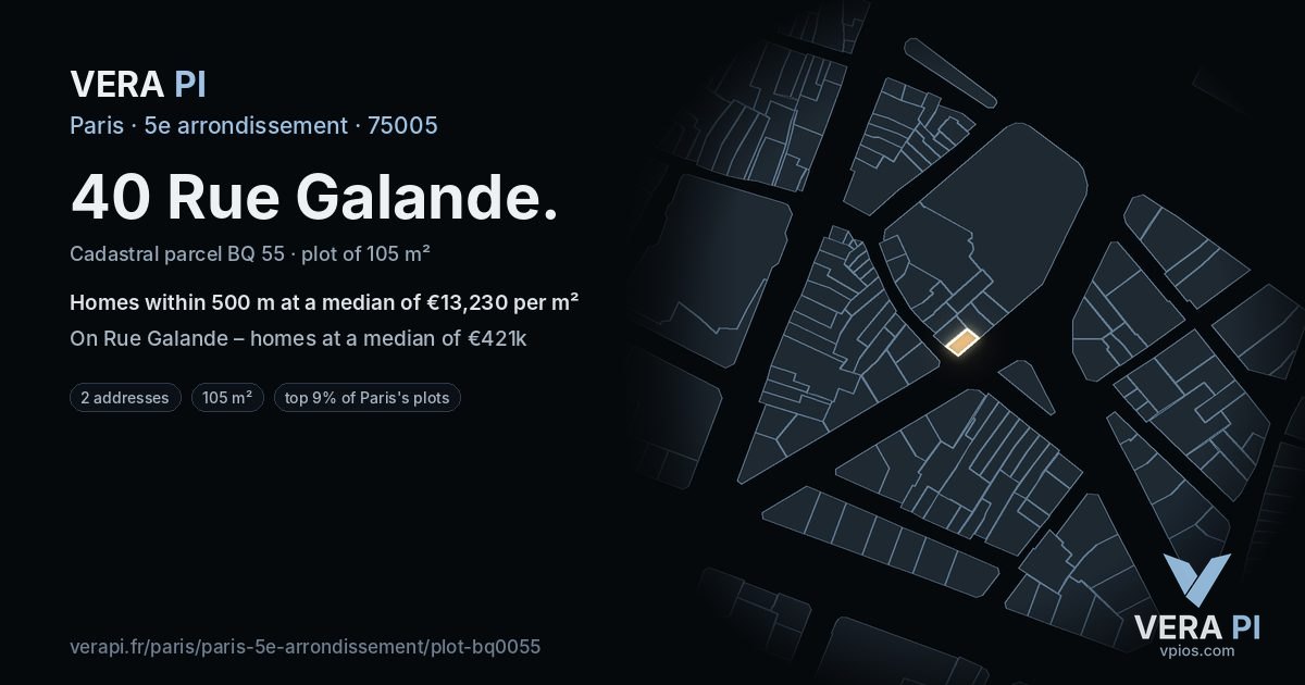 40 Rue Galande, 5e arrondissement at night – the plot lit, the parcels around coloured by the prices near them