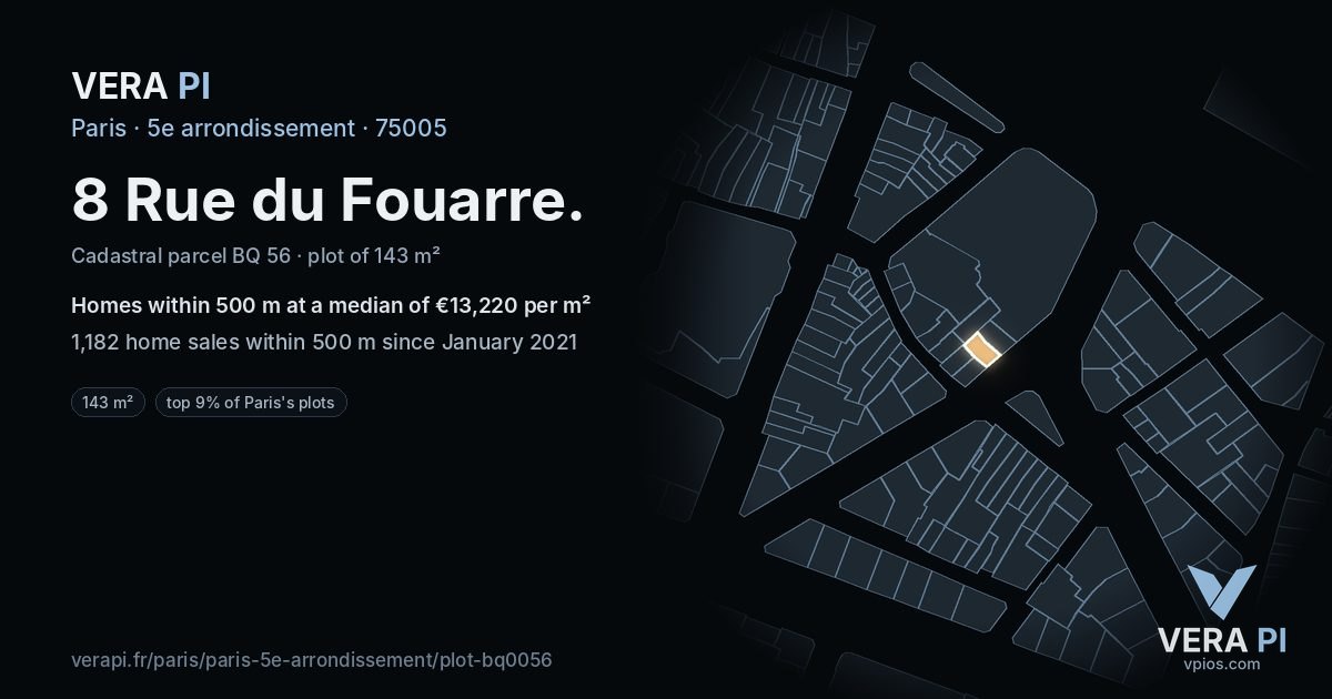 8 Rue du Fouarre, 5e arrondissement at night – the plot lit, the parcels around coloured by the prices near them