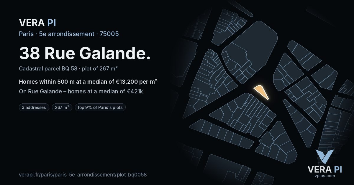38 Rue Galande, 5e arrondissement at night – the plot lit, the parcels around coloured by the prices near them