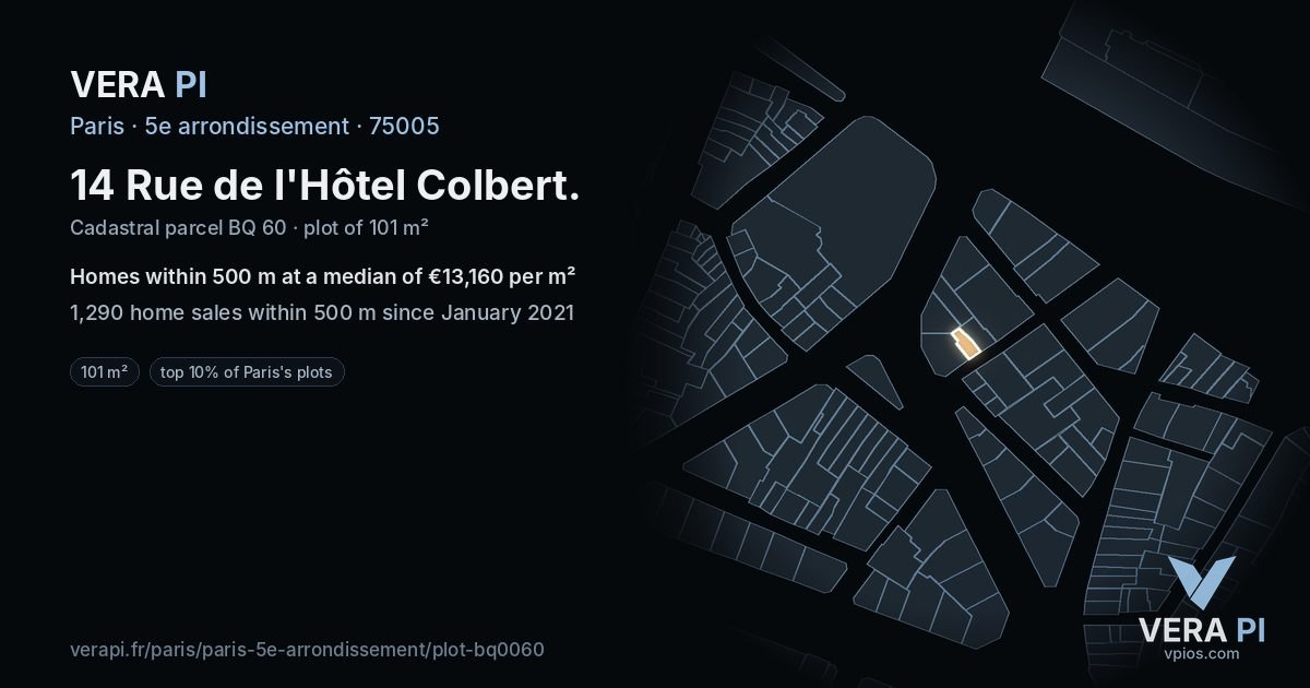 14 Rue de l'Hôtel Colbert, 5e arrondissement at night – the plot lit, the parcels around coloured by the prices near them