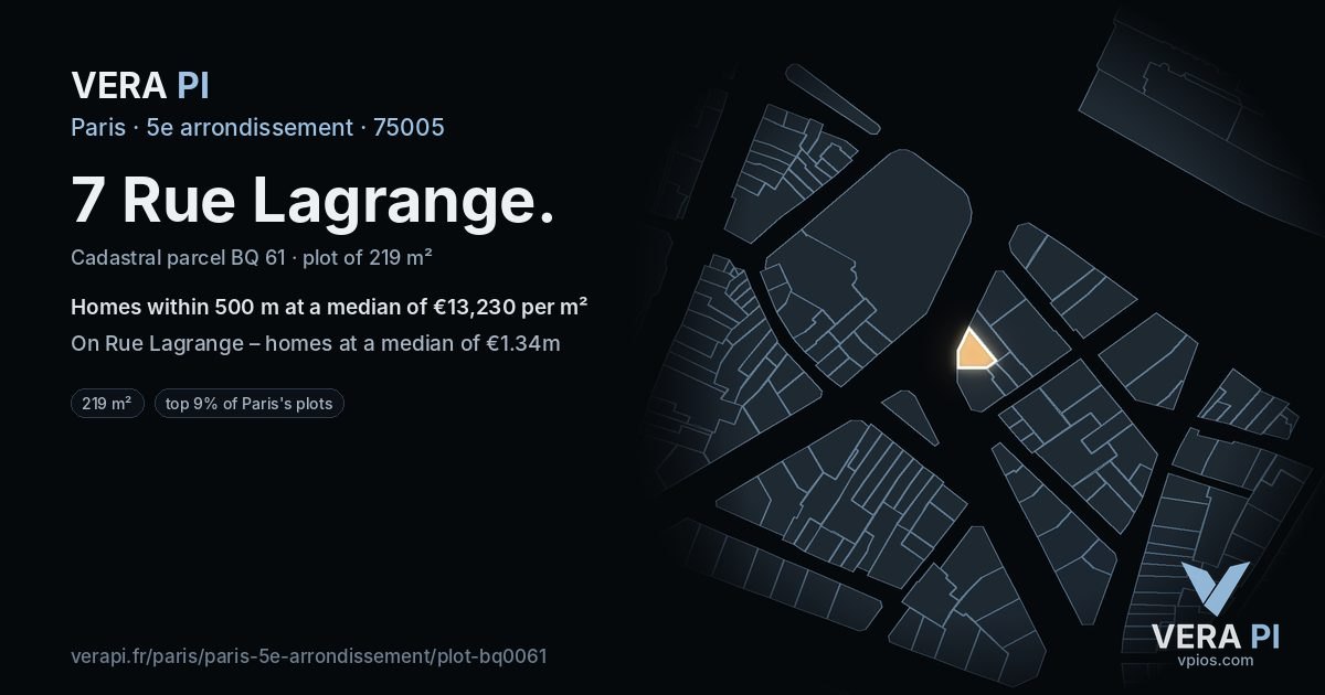 7 Rue Lagrange, 5e arrondissement at night – the plot lit, the parcels around coloured by the prices near them
