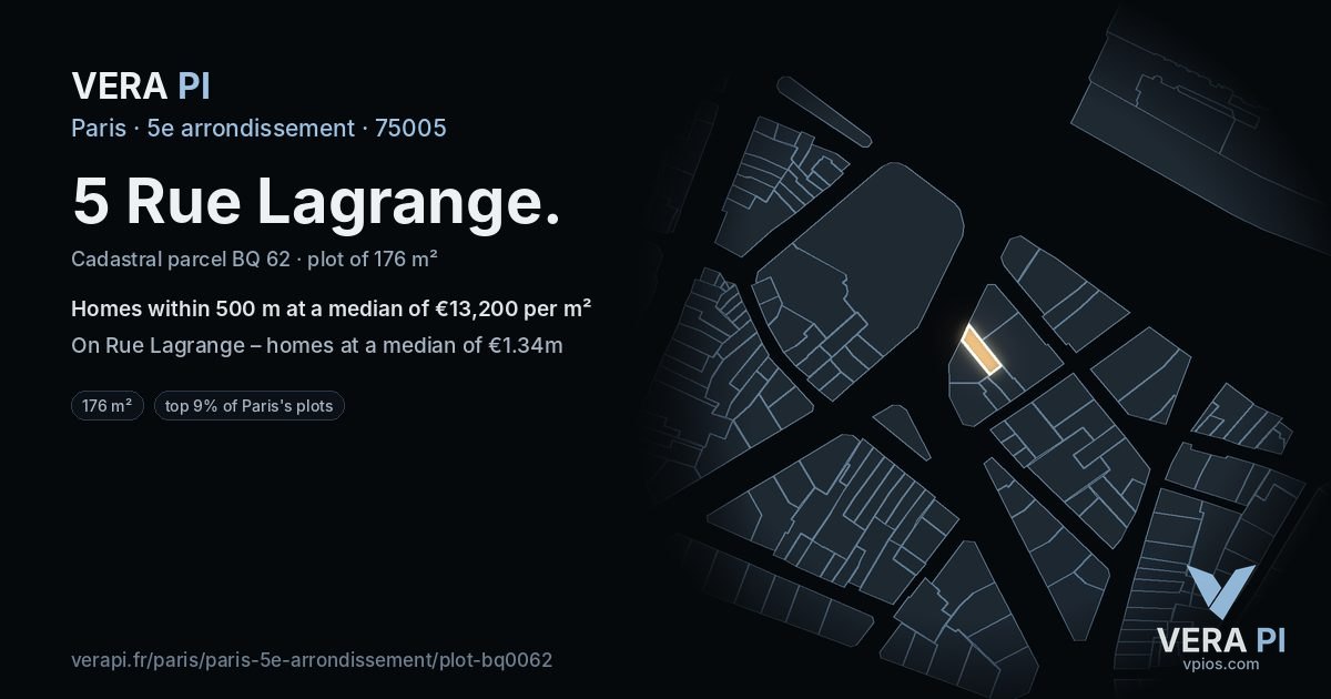 5 Rue Lagrange, 5e arrondissement at night – the plot lit, the parcels around coloured by the prices near them