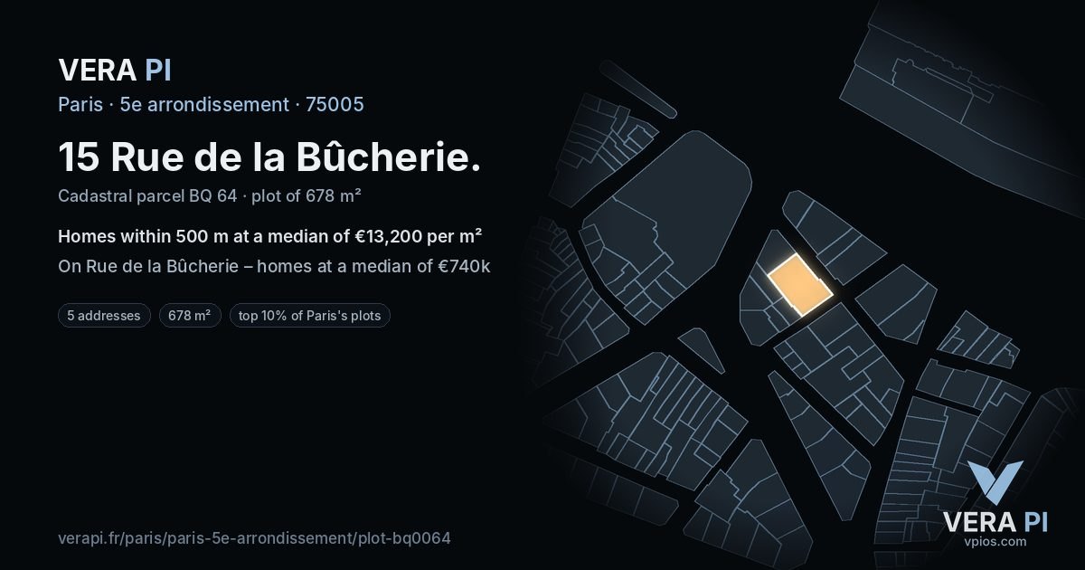 15 Rue de la Bûcherie, 5e arrondissement at night – the plot lit, the parcels around coloured by the prices near them
