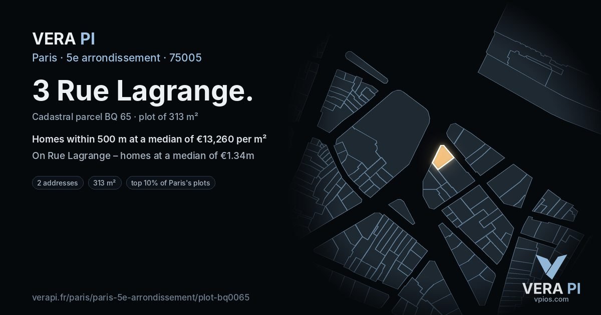 3 Rue Lagrange, 5e arrondissement at night – the plot lit, the parcels around coloured by the prices near them