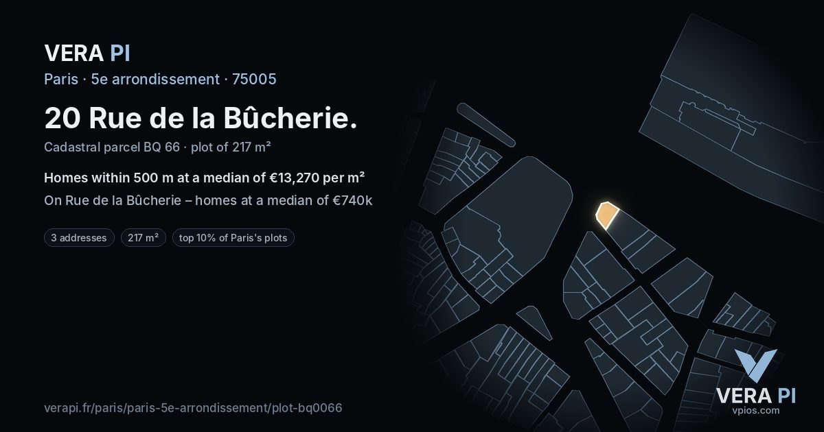 20 Rue de la Bûcherie, 5e arrondissement at night – the plot lit, the parcels around coloured by the prices near them