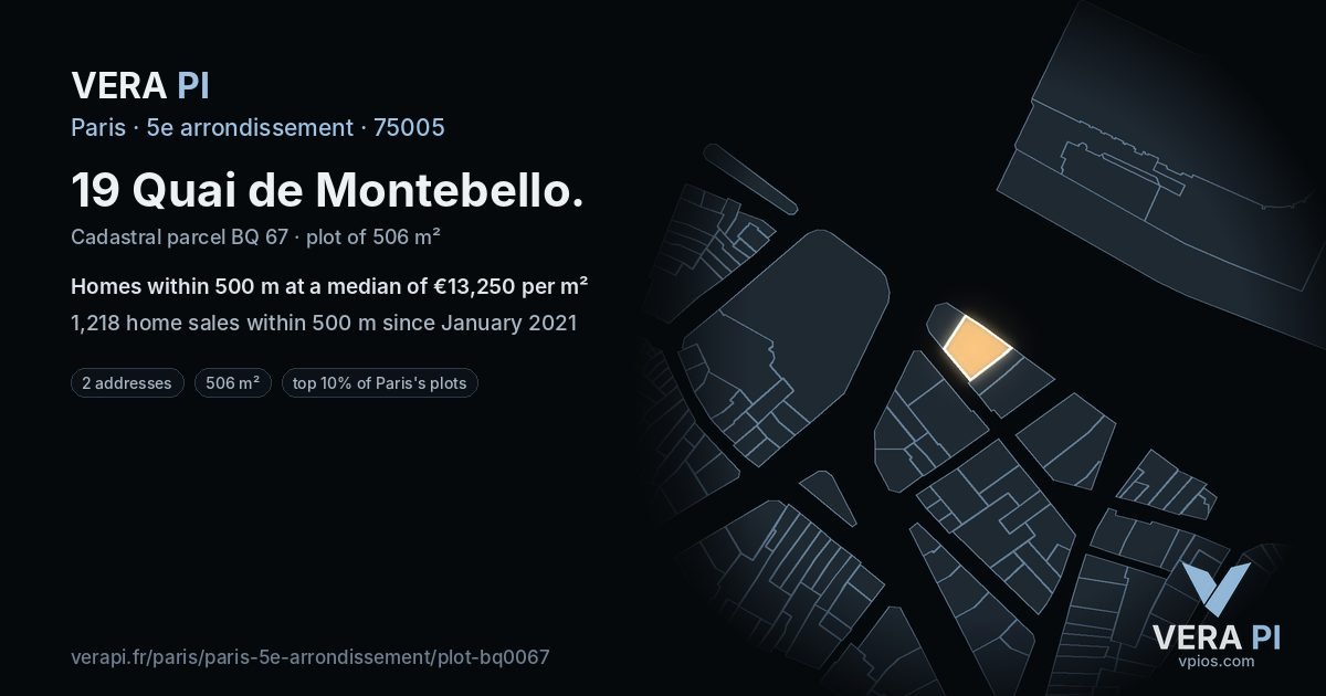 19 Quai de Montebello, 5e arrondissement at night – the plot lit, the parcels around coloured by the prices near them