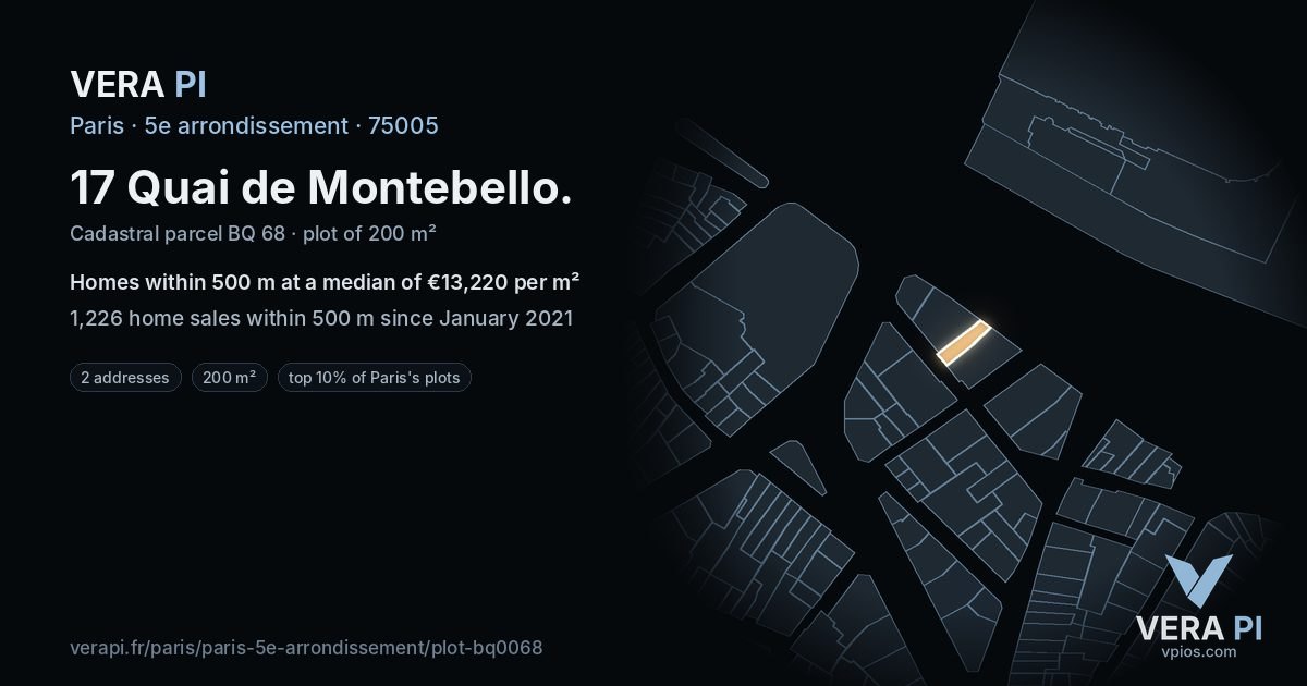 17 Quai de Montebello, 5e arrondissement at night – the plot lit, the parcels around coloured by the prices near them