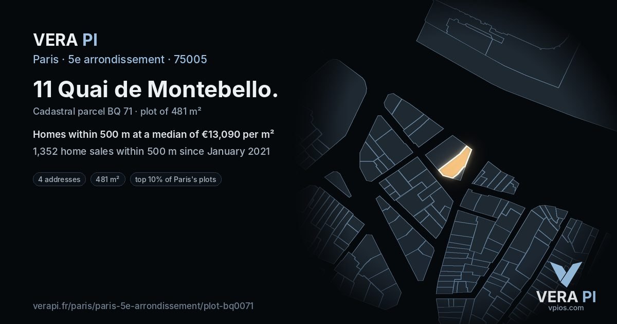 11 Quai de Montebello, 5e arrondissement at night – the plot lit, the parcels around coloured by the prices near them