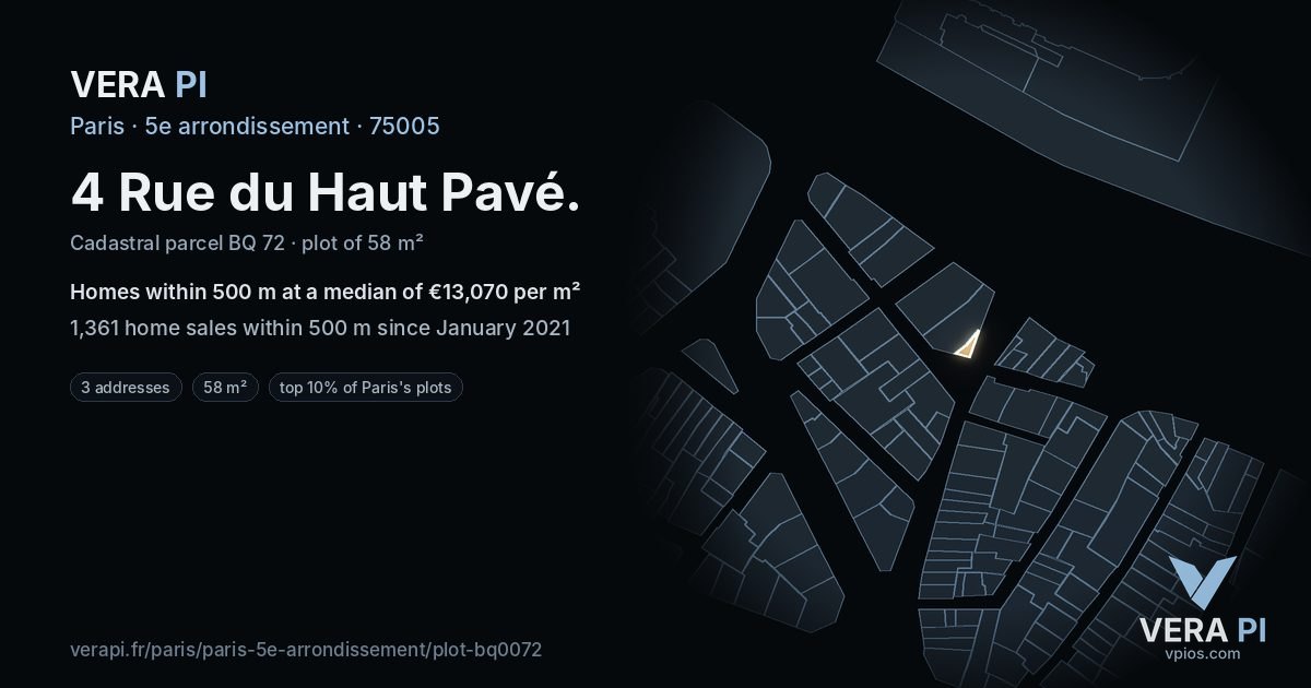 4 Rue du Haut Pavé, 5e arrondissement at night – the plot lit, the parcels around coloured by the prices near them