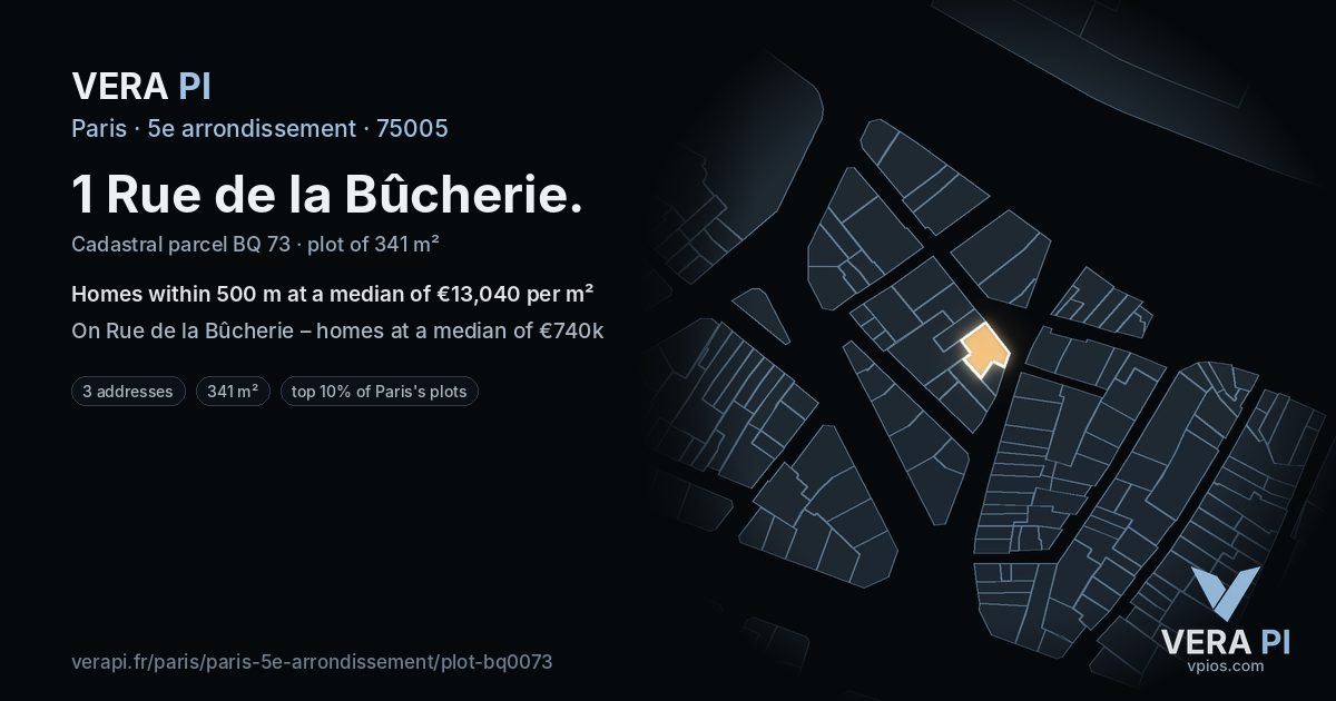 1 Rue de la Bûcherie, 5e arrondissement at night – the plot lit, the parcels around coloured by the prices near them