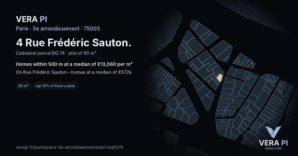 4 Rue Frédéric Sauton, 5e arrondissement at night – the plot lit, the parcels around coloured by the prices near them
