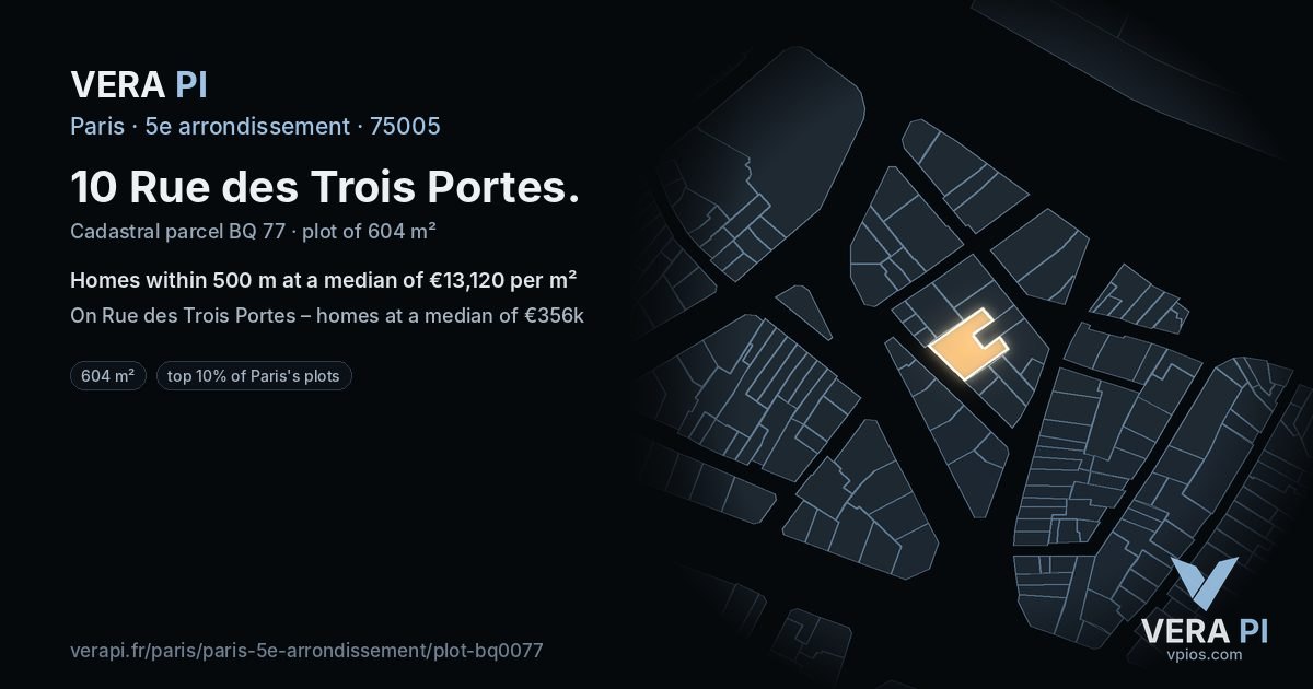 10 Rue des Trois Portes, 5e arrondissement at night – the plot lit, the parcels around coloured by the prices near them