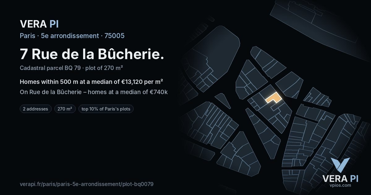 7 Rue de la Bûcherie, 5e arrondissement at night – the plot lit, the parcels around coloured by the prices near them