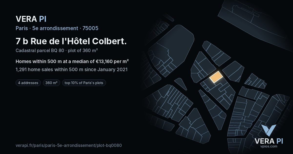 7 b Rue de l'Hôtel Colbert, 5e arrondissement at night – the plot lit, the parcels around coloured by the prices near them