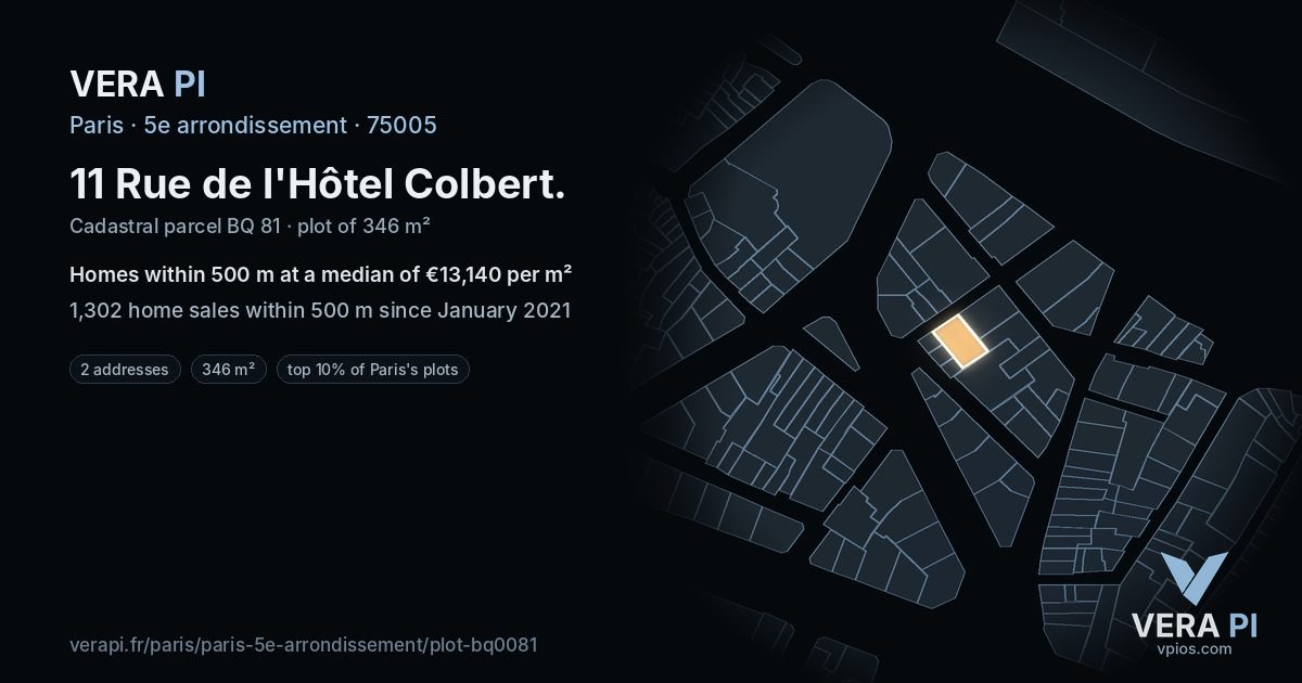11 Rue de l'Hôtel Colbert, 5e arrondissement at night – the plot lit, the parcels around coloured by the prices near them