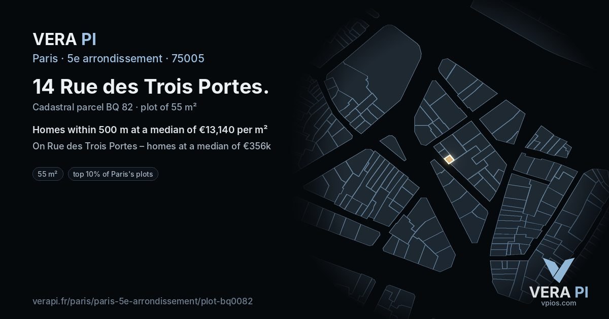 14 Rue des Trois Portes, 5e arrondissement at night – the plot lit, the parcels around coloured by the prices near them