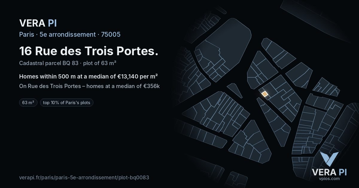 16 Rue des Trois Portes, 5e arrondissement at night – the plot lit, the parcels around coloured by the prices near them
