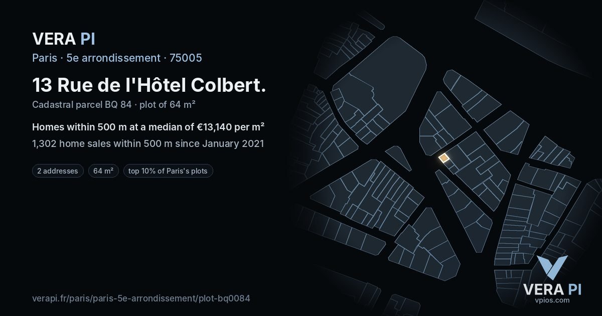 13 Rue de l'Hôtel Colbert, 5e arrondissement at night – the plot lit, the parcels around coloured by the prices near them